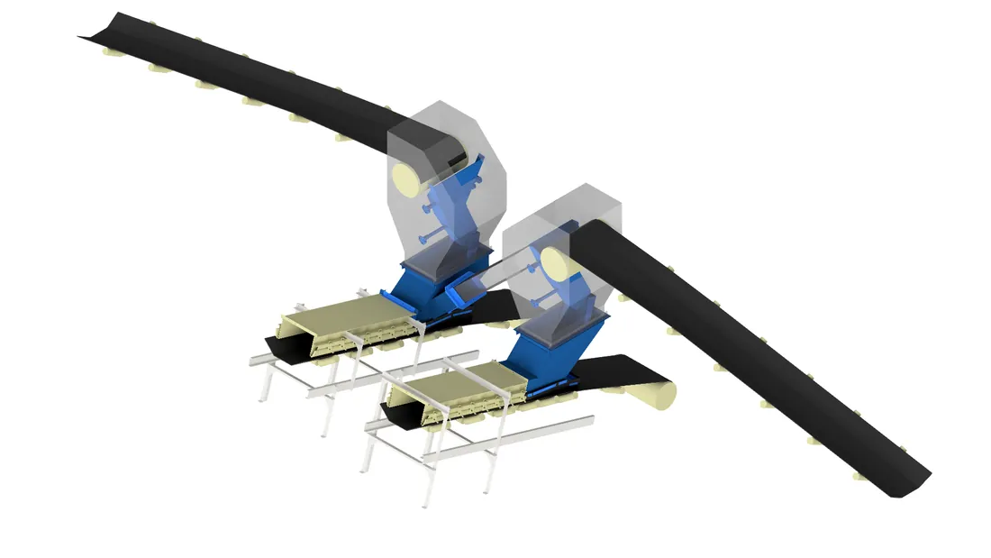 Isometric render of the redesigned product storage chute