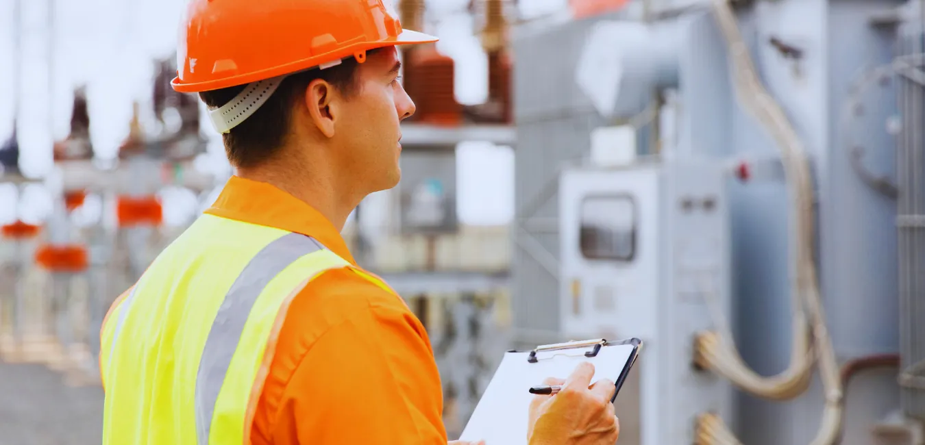 Engineer in a hard hat reviewing plans on site