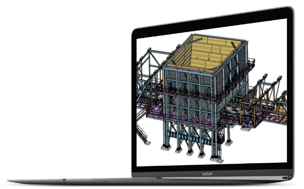 Ore storage bin model shown on a laptop